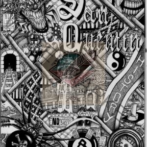A black and white drawing of various buildings