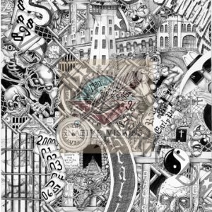A black and white drawing of various things