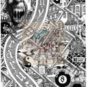A black and white drawing of a street with many different symbols.