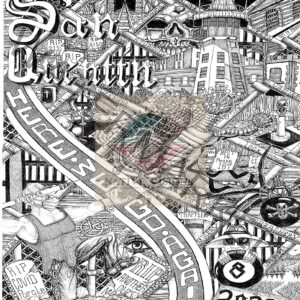 A black and white drawing of various buildings, cars, and people.