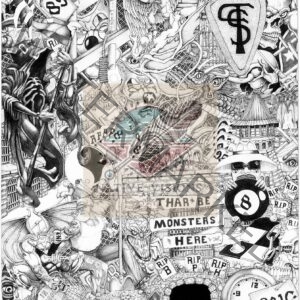 A black and white drawing of many different things