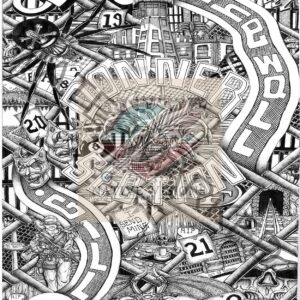 A black and white drawing of a city with many different types of graffiti.
