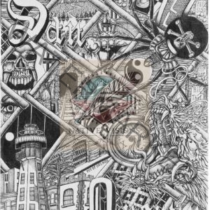A drawing of various objects and symbols in the background.