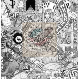 A black and white drawing of a map with many different buildings